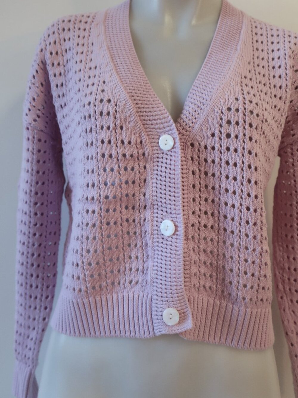 Womens Kokun Lilac (Item- 27) Open Knit V-Neck Cotton Cardigan Sweater XS - Picture 3 of 9